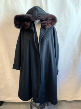 MTO, Black, Wool, Faux Fur, Solid, Dark Brown Faux Fur Trimmed Hood, 2 Pockets,