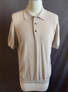 Mens, Polo, REISS, Beige, Cotton, Solid, Heathered, M, Collar Attached, 3 Buttons, Half Placket, Short Sleeves