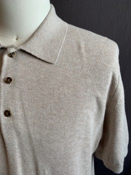 REISS, Beige, Cotton, Solid, Heathered, Collar Attached, 3 Buttons, Half Placket, Short Sleeves
