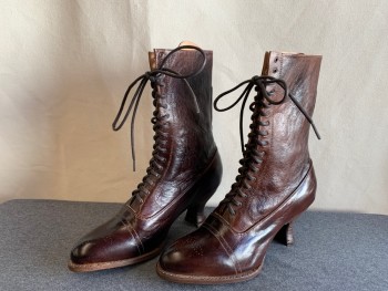 Womens, Boots 1890s-1910s, OAK TREE FARMS, Dk Brown, Leather, Solid, 9, Granny Style, Lace Up, Cap Toe, 2" Heel
