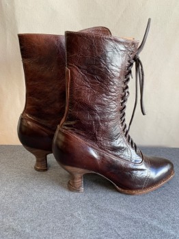OAK TREE FARMS, Dk Brown, Leather, Solid, Granny Style, Lace Up, Cap Toe, 2" Heel