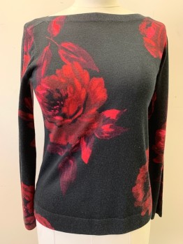 Womens, Pullover, TALBOTS, Black, Red, Wool, Floral, PETITE, XL, Boat Neckline, Pullover, Long Sleeves, Rib Knit Neck, Waist, & Cuffs