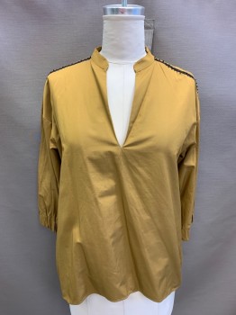 Womens, Top, ZARA, Ochre Brown-Yellow, Wool, Polyester, Solid, L, Band Collar, V-neck, 3/4 Sleeve, Elastic Cuff, Black Open Lace Shoulder Detail *Barcode at Bottom of Placket*