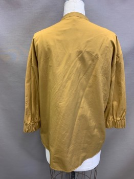 Womens, Top, ZARA, Ochre Brown-Yellow, Wool, Polyester, Solid, L, Band Collar, V-neck, 3/4 Sleeve, Elastic Cuff, Black Open Lace Shoulder Detail *Barcode at Bottom of Placket*