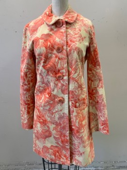 Womens, Coat, ELEVENSES, Beige, Peach Orange, Cotton, Spandex, Floral, 2, Corduroy, Collar Attached, Single Breasted, Button Front, Side Pockets