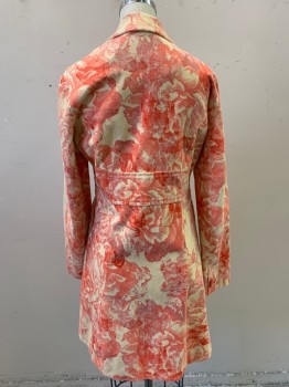 Womens, Coat, ELEVENSES, Beige, Peach Orange, Cotton, Spandex, Floral, 2, Corduroy, Collar Attached, Single Breasted, Button Front, Side Pockets