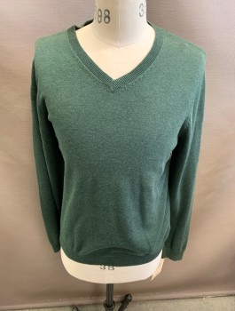Mens, Pullover Sweater, M, Green, Cotton, Solid, M, V-neck,  Ribbed Hem 