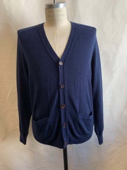 Mens, Cardigan Sweater, BROOKS BROTHERS, Dk Blue, Wool, Solid, L, V-N, Button Front, 2 Pockets,