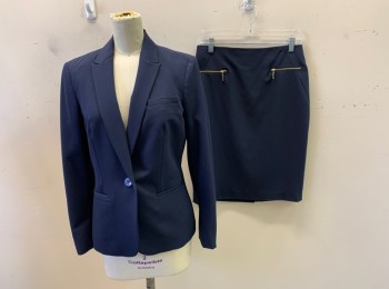 TOMMY HILFIGER, Navy Blue, Polyester, Rayon, Solid, Single Breasted, One Button, Welt Pockets, Single Vent