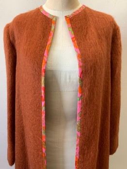 Womens, 1960s Vintage, Piece 2, NO LABEL, Magenta Pink, Dk Orange, Lime Green, Red, Copper Metallic, Wool, Solid, 36, Coat, Fur Texture, Long Length, Abstract Trim, Made To Order,