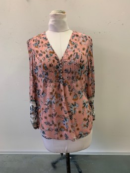 Womens, Top, VERONICA BEARD, Salmon Pink, Multi-color, Silk, Floral, 8, V-N, L/S, 6 Silver Buttons Down Front, Silver and Rose Gold Tinsel, Light Blue, Rust, Green Floral Print