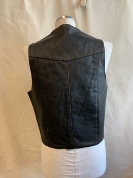 Mens, Leather Vest, AK, Black, Leather, Solid, 44, V-N, Snap Front, 2 Pockets,