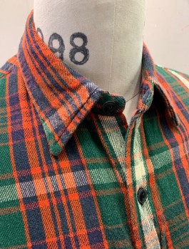 Mens, Casual Shirt, RALPH LAUREN DENIM, Forest Green, Red, Cream, Navy Blue, Cotton, Plaid, S, Thick/Warm Fabric, L/S, Button Front, Collar Attached, 2 Pockets With Flaps