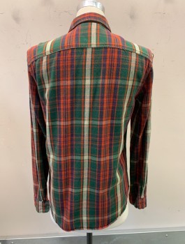 Mens, Casual Shirt, RALPH LAUREN DENIM, Forest Green, Red, Cream, Navy Blue, Cotton, Plaid, S, Thick/Warm Fabric, L/S, Button Front, Collar Attached, 2 Pockets With Flaps
