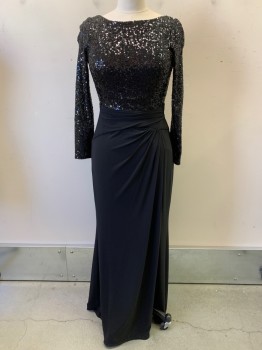 Womens, Evening Gown, RALPH LAUREN, Black, Polyester, Sequins, Solid, 8, L/S, Round Neck, Sequins Top, Draped Bottom With Side Slit, Back Zipper,