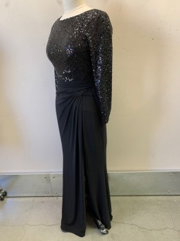 Womens, Evening Gown, RALPH LAUREN, Black, Polyester, Sequins, Solid, 8, L/S, Round Neck, Sequins Top, Draped Bottom With Side Slit, Back Zipper,