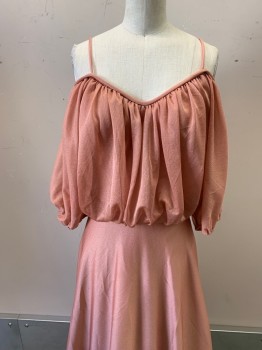 Womens, Evening Gown, N/L, Rose Pink, Polyester, Solid, W:24, B: 32, V-Neck, Cold Shoulder With Thin Straps, L/S, Elastic Cuffs,, Gathered Waist, Floor Length Hem, Zipper In Back