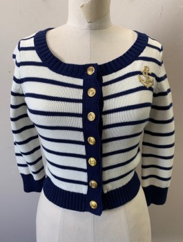 BETSEY JOHNSON, Cream, Navy Blue, Cotton, Stripes - Horizontal , Novelty Pattern, Knit, Gold Metallic Anchor Patch on Chest, Large Bettie Page Sailor Girl in Back, Long Sleeves, Cropped Length, Gold Nautical Buttons, Scoop Neck, Has a Double