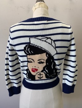 BETSEY JOHNSON, Cream, Navy Blue, Cotton, Stripes - Horizontal , Novelty Pattern, Knit, Gold Metallic Anchor Patch on Chest, Large Bettie Page Sailor Girl in Back, Long Sleeves, Cropped Length, Gold Nautical Buttons, Scoop Neck, Has a Double