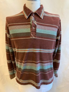 Mens, Polo Shirt, CHEMISE ET CIE, Brown, Sage Green, Rust Orange, White, Polyester, Stripes - Horizontal , N:16.5, L, Velvet, L/S, Collar Attached, 3 Button Placket with Square Buttons, Rib Knit Cuffs, **Has Some Wear on Velvet, Wear at Cuffs, Late 1970's/Early 1980's,