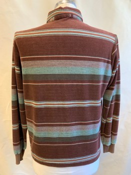 CHEMISE ET CIE, Brown, Sage Green, Rust Orange, White, Polyester, Stripes - Horizontal , Velvet, L/S, Collar Attached, 3 Button Placket with Square Buttons, Rib Knit Cuffs, **Has Some Wear on Velvet, Wear at Cuffs, Late 1970's/Early 1980's,