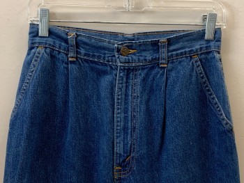 CHIC, Denim Blue, Cotton, Solid, Pleated, Side Pockets, Zip Front, Belt Loops,