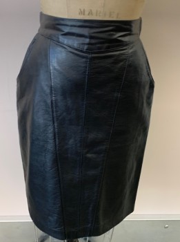 Womens, Skirt, LONDON FOG, Black, Leather, Solid, W 27, 6, H 37, Waistband, Side Slant Pckts, Front Seams, Hem At Knee, Back Zip & Vent