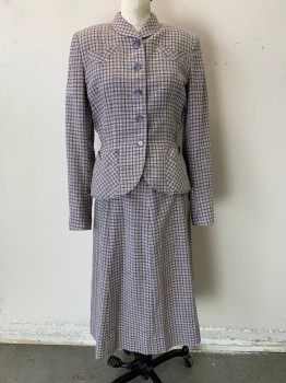 Womens, 1940s Vintage, Suit, Jacket, SPORTS SHOP, Lt Pink, Black, Wool, Plaid, W27, B38, C.A., 5 Gray Buttons, 4 Pockets, Slight Peplum Waist, White, Beige, and Bue in Plaid