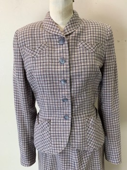 Womens, 1940s Vintage, Suit, Jacket, SPORTS SHOP, Lt Pink, Black, Wool, Plaid, W27, B38, C.A., 5 Gray Buttons, 4 Pockets, Slight Peplum Waist, White, Beige, and Bue in Plaid