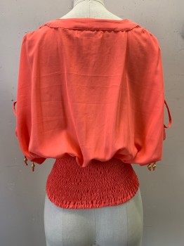 Womens, Blouse, ARDEN B, Coral Orange, Polyester, Solid, S, S/S, V Neck, Button Front, D String On Sleeves, Elastic Waist, Sheer, Diamond Buttons