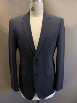 HUGO BOSS, Navy Blue, Wool, Elastane, Solid, Sportcoat, 2 Buttons, Single Breasted, Notched Lapel, 3 Pockets