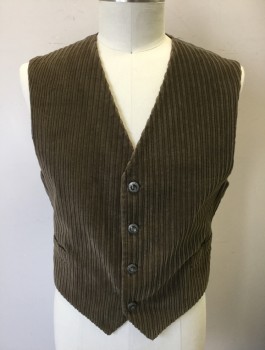 Mens, Vest, BERGDORF GOODMAN, Brown, Cotton, Rayon, Solid, 44, Sz. L, Wide Wale Corduroy, 4 Silver and Smoke Gray Stone Buttons, 2 Welt Pockets, Taupe Lining/Back, Belted Back