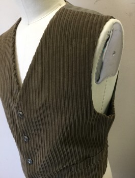 Mens, Vest, BERGDORF GOODMAN, Brown, Cotton, Rayon, Solid, 44, Sz. L, Wide Wale Corduroy, 4 Silver and Smoke Gray Stone Buttons, 2 Welt Pockets, Taupe Lining/Back, Belted Back
