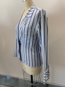 CALVIN KLEIN, French Blue, Cream, Lt Gray, Polyester, Stripes, Textured Fabric, Crepe, C.A., Notched Lapel, 2 Flap Pockets, Right Inside Wrap Tie, L/S, French Cuffs