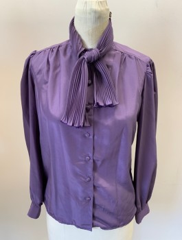 JO HARDIN, Purple, Polyester, Silk, Solid, C.A. with Accordion Pleated Jabot Collar/Tie, Gathered At Shoulder, B.F. with Matching Covered Btns, L/S