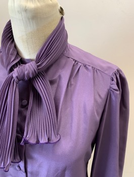 JO HARDIN, Purple, Polyester, Silk, Solid, C.A. with Accordion Pleated Jabot Collar/Tie, Gathered At Shoulder, B.F. with Matching Covered Btns, L/S