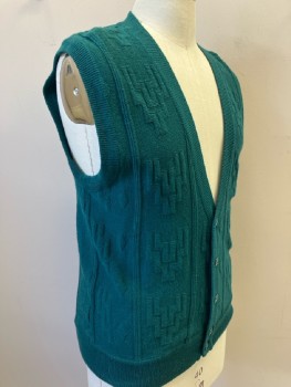 CAMBRIDGE CLASSICS, Teal Green, Acrylic Wool Knit with Textured Geometrical Self Pattern, V-N, Btn Frt