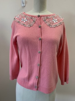 CYNTHIA STEFFE, Pink, Cashmere, Solid, L/S, Button Front, Crew Neck, Diamond Buttons, Beaded Neckline