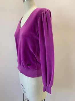 Womens, Sweater, LIZ CLAIBORNE, Magenta Purple, Cotton, Polyester, Solid, B34, Long Puff Sleeves, V Neck, Brown Piping, Pullover