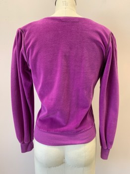LIZ CLAIBORNE, Magenta Purple, Cotton, Polyester, Solid, Long Puff Sleeves, V Neck, Brown Piping, Pullover