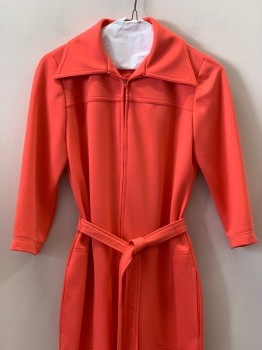 Womens, Jumpsuit, ANDREA, Coral Orange, Polyester, Solid, W30, B34, H36, Mid Sleeves, Collar Attached, Zip Front, Side Pockets, With Waist Belt