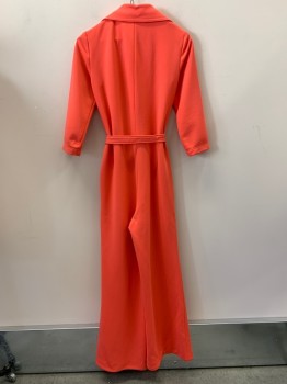 Womens, Jumpsuit, ANDREA, Coral Orange, Polyester, Solid, W30, B34, H36, Mid Sleeves, Collar Attached, Zip Front, Side Pockets, With Waist Belt