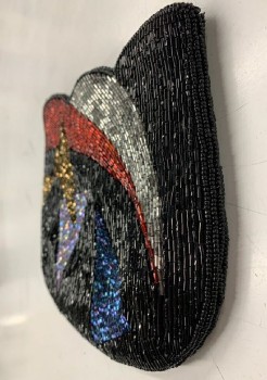 NO LABEL, Black, Red, Silver, Blue, Brass Metallic, Beaded, Floral, Tulip Shaped Clutch, Full Beaded, Magnetic Clip