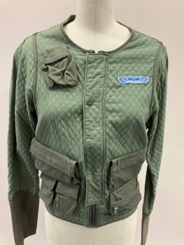 G RAW, Olive Green, Cotton, Triangles, Round Neck Line . L/S, Quilted , with Trim,  Zip & Snap Front 2front Velcro & Zip Pockets ,  Small Right Side Pocket, Solid  Cotton Sleeve  * Blue & White Patch Logo*