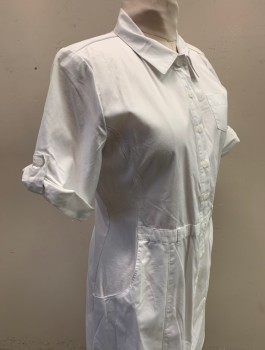 Womens, Nurses Dress, PRIMA BY BARCO, White, Poly/Cotton, Solid, M, Short Sleeves with Button Tabs to Roll Up, Button Front, Collar Attached, Rib Knit Jersey Panels at Sides, 1 Small Patch Pocket at Chest, 2 Curved Pockets at Sides, Knee Length, Belt Loops