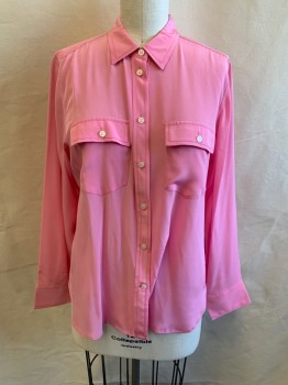 Womens, Blouse, J. CREW, Bubble Gum Pink, Silk, Solid, 12, Collar Attached, Button Front, Long Sleeves, 2 Chest Pockets
