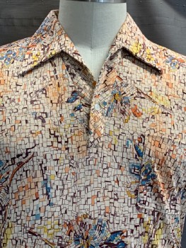 Mens, Polo Shirt, LILY DACHE, Beige, Orange, Lt Blue, Yellow, Polyester, Mosaic Pattern, XL, S/S, C.A., Chest Pocket