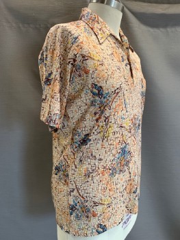 LILY DACHE, Beige, Orange, Lt Blue, Yellow, Polyester, Mosaic Pattern, S/S, C.A., Chest Pocket