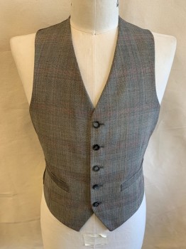 VAUGHN, Gray, Black, Red, Lt Brown, Wool, Glen Plaid, V-N, Single Breasted, Button Front, 5 Buttons, Belted Back, 2 Pockets at Waist