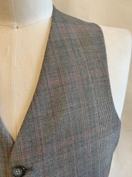 VAUGHN, Gray, Black, Red, Lt Brown, Wool, Glen Plaid, V-N, Single Breasted, Button Front, 5 Buttons, Belted Back, 2 Pockets at Waist